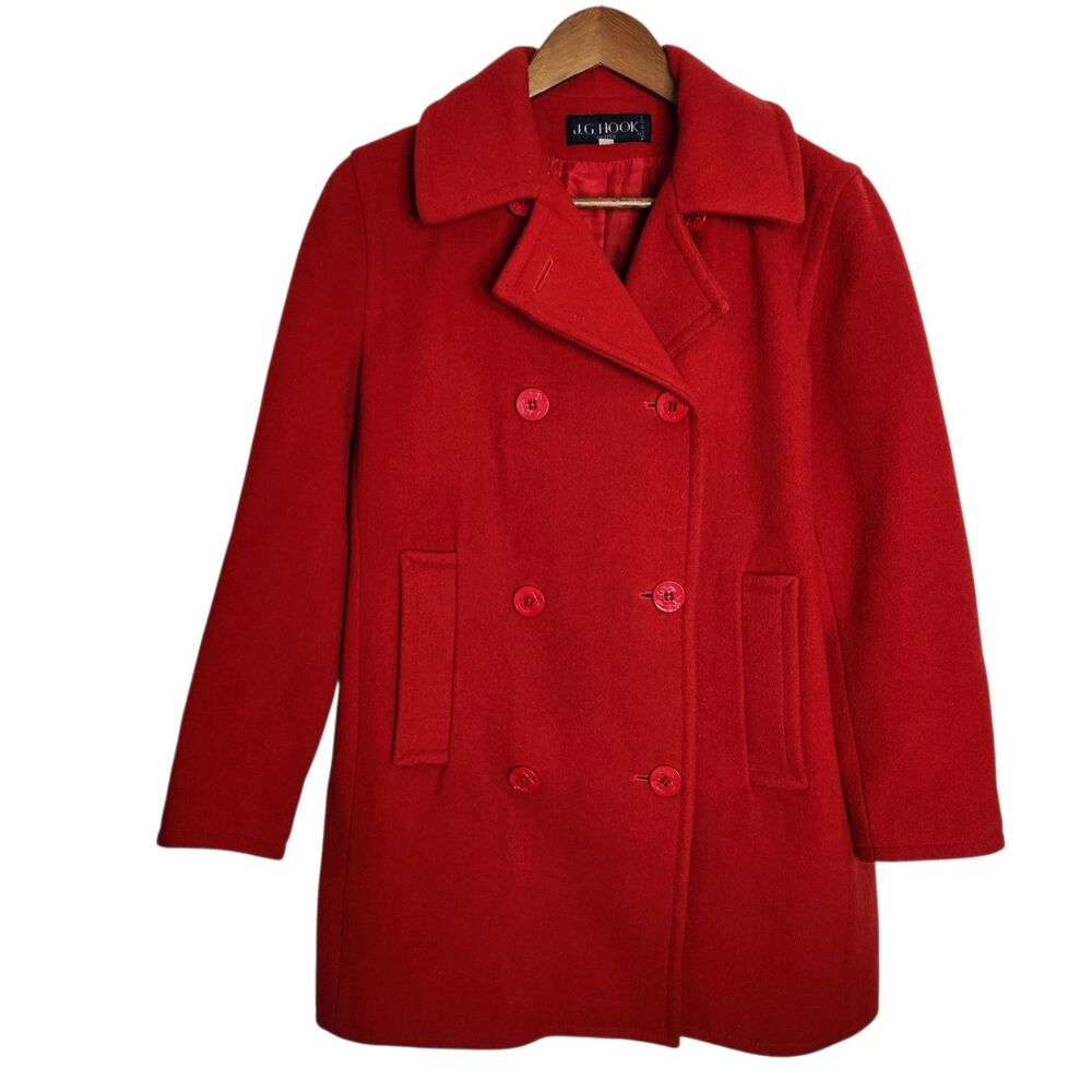 Vtg J.G.Hook Petite Womens Red Wool Blend Double Breasted Pea Coat Jacket Size 4